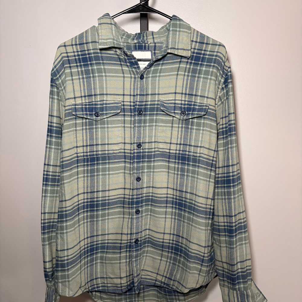 Men's American Eagle Plaid Casual Button Down Shirt L Blue Beige